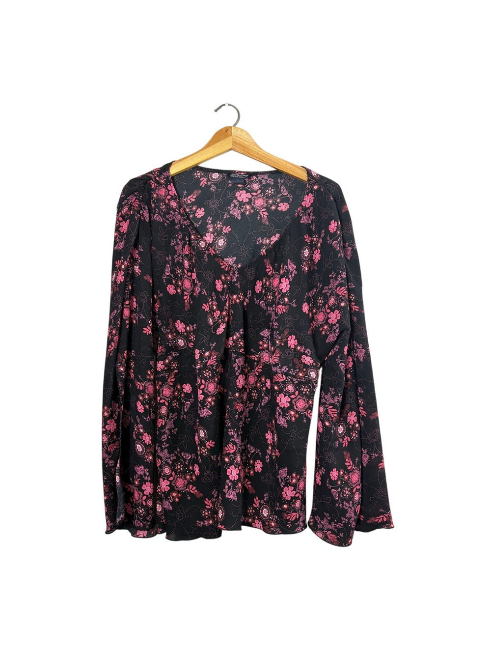 Women's Black Floral Flare Sleeve Lucky Brand Blouse L